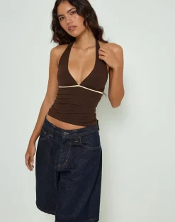 Abeth Halterneck Top in Chocolate Brown with Lemon Piping