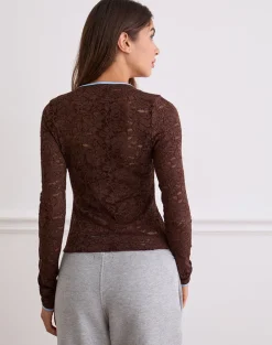 Abon Long Sleeve Top in Lace Brown with Blue Binding