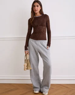Abon Long Sleeve Top in Lace Brown with Blue Binding