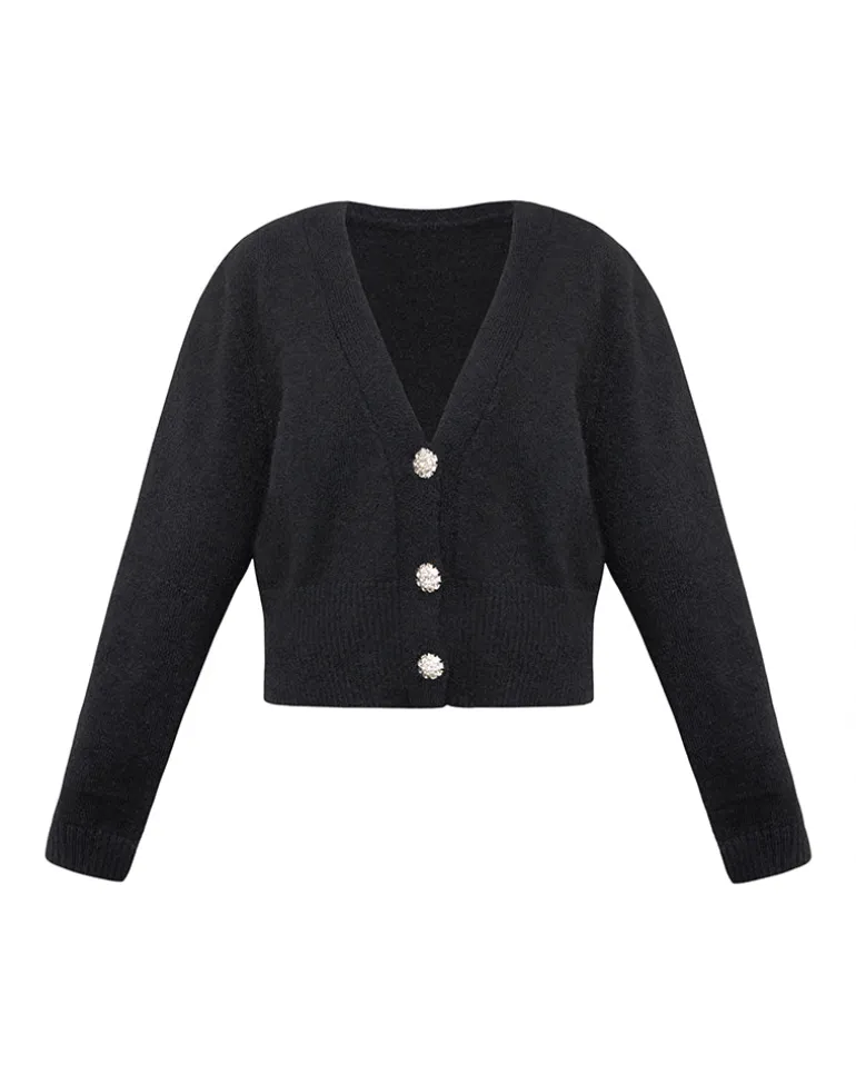 Acera Knitted Cardigan in Black with Silver Flower Buttons