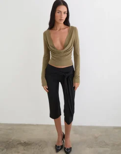 Adaya Long Sleeve Cowl Top in Cupro Olive Stone