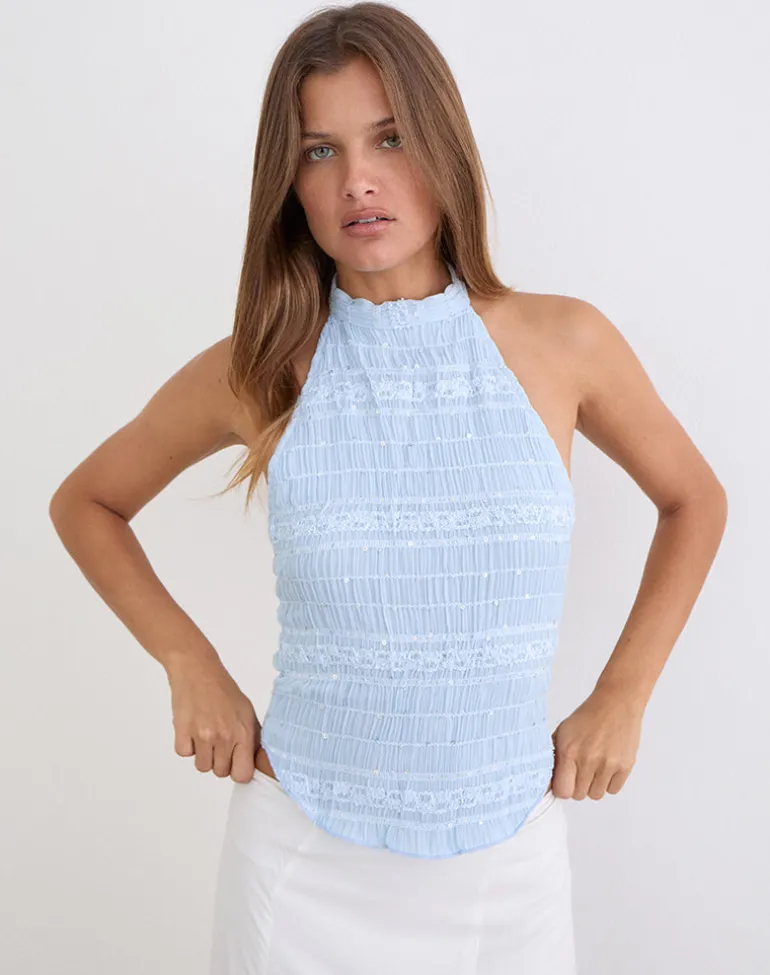 Adisti Top in Sequin Mesh Baby Blue