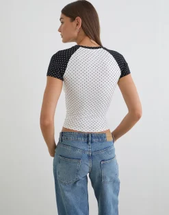 Agneta Tee in White and Black with Micro Polka Print