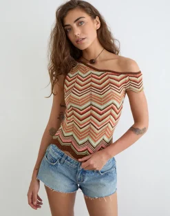 Aisling Off Shoulder Top in Green Multi Stripe