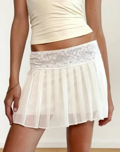 Akara Pleated Mini Skirt in Chiffon Ivory