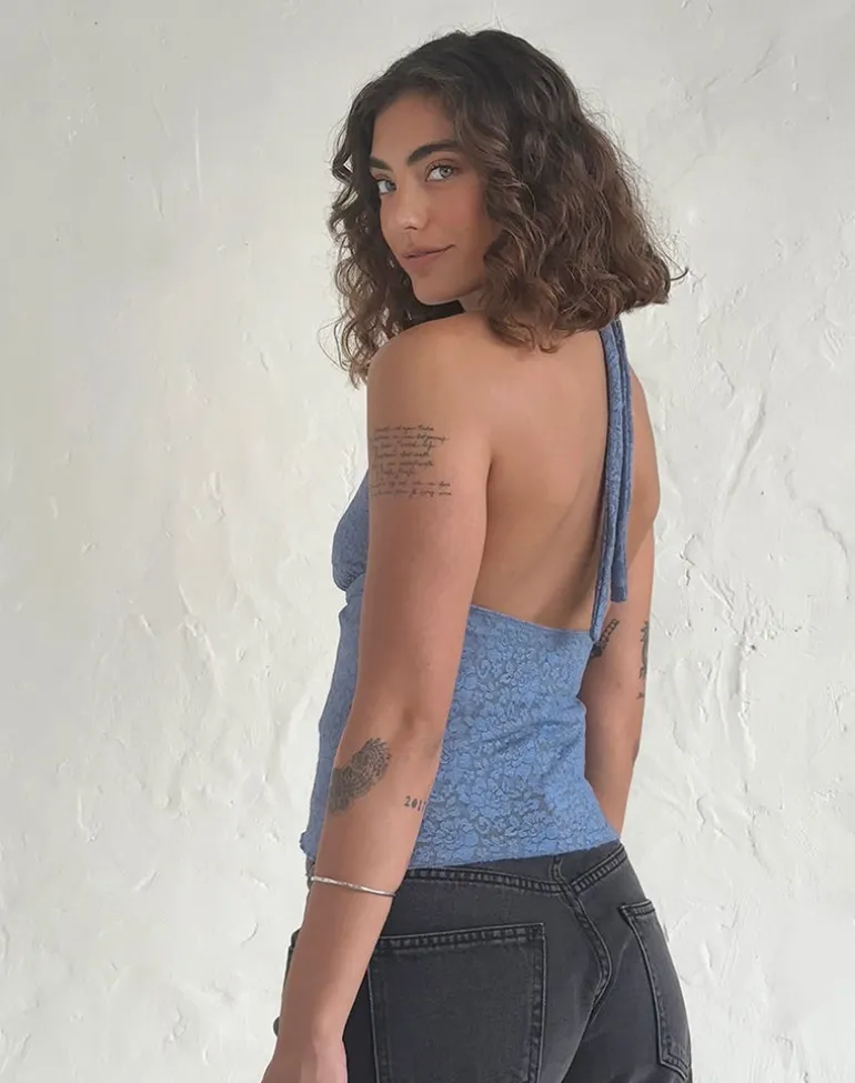 Aksa Halterneck Top in Moonlight Blue Lace with Rose