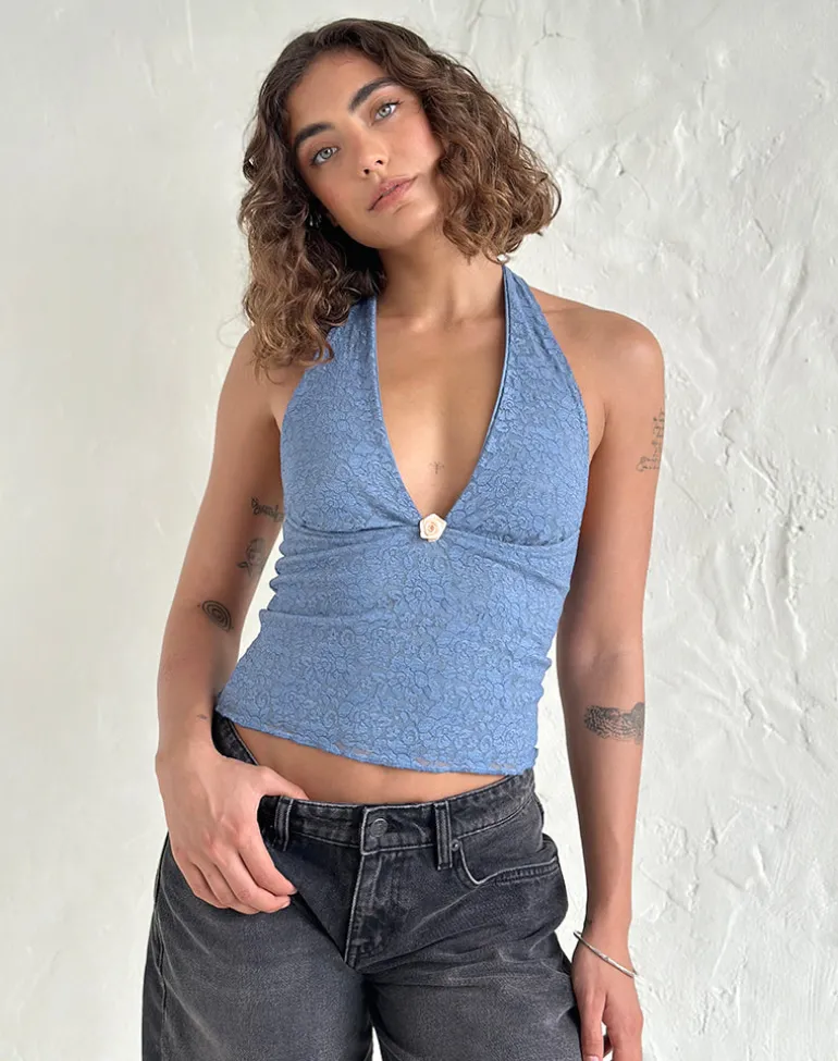 Aksa Halterneck Top in Moonlight Blue Lace with Rose