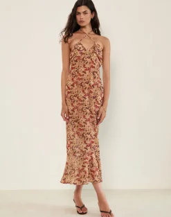 Alette Halterneck Maxi Dress in Chiffon Rusty Flower