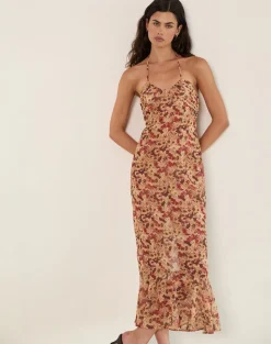 Alette Halterneck Maxi Dress in Chiffon Rusty Flower