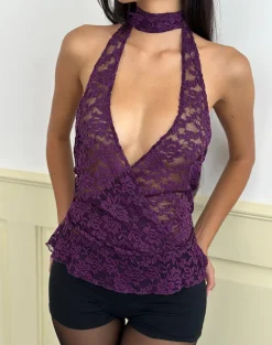 Alfaro Plunge Halter Top in Lace Purple