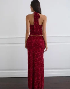 Alfreda Maxi Skirt in Flocked Mesh Flower Cherry