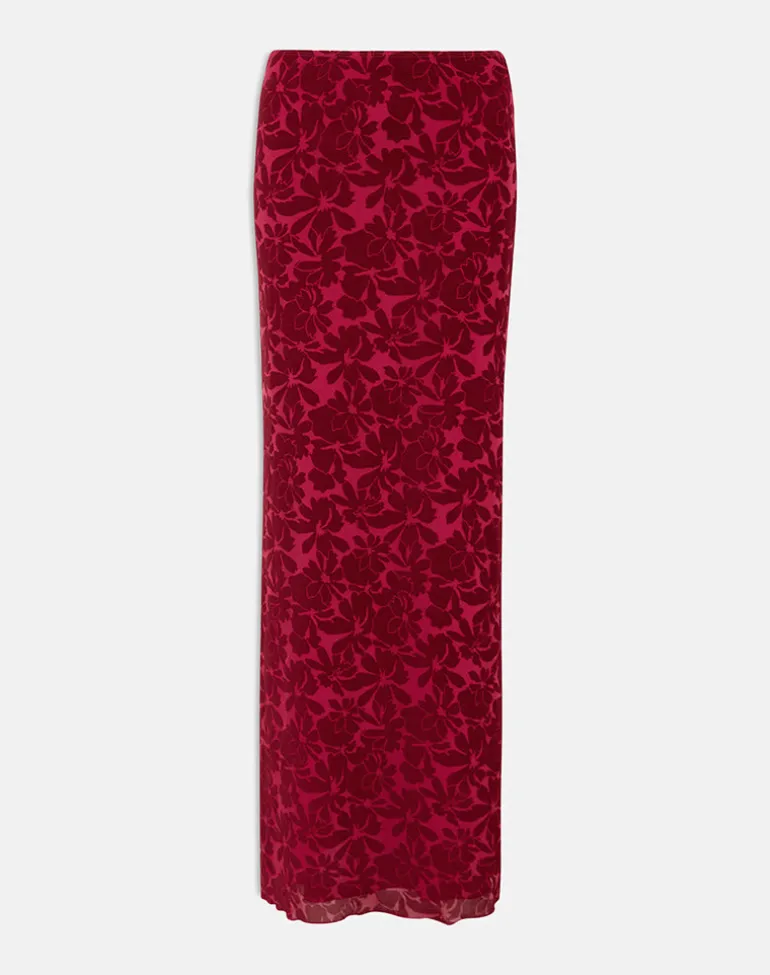 Alfreda Maxi Skirt in Flocked Mesh Flower Cherry