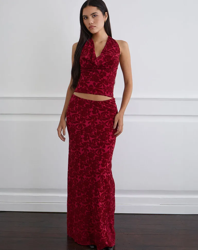 Alfreda Maxi Skirt in Flocked Mesh Flower Cherry