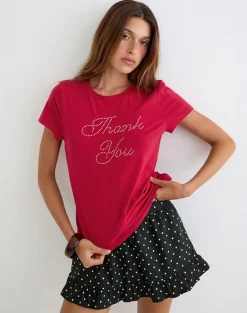 Alio Tee in Scarlet Red with Diamante Thank You Graphic