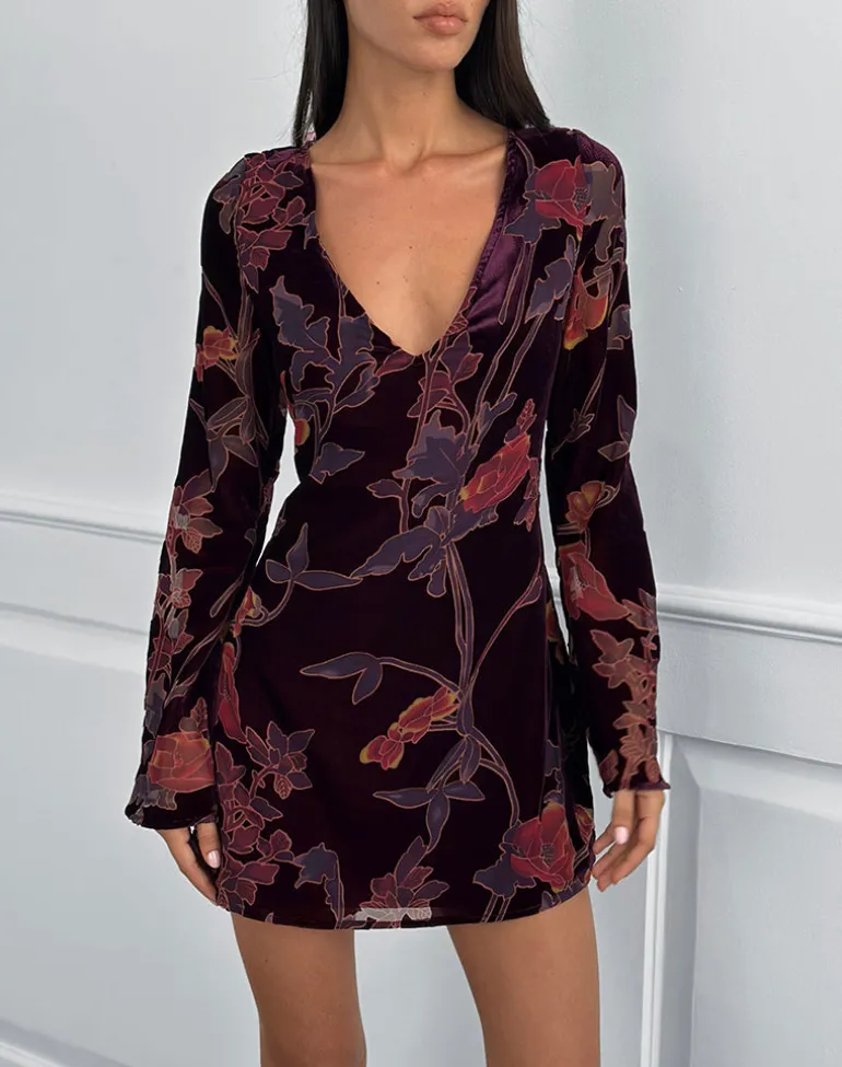 Alitra Mini Dress in Floral Devore Burgundy
