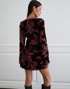 Alitra Mini Dress in Floral Devore Burgundy