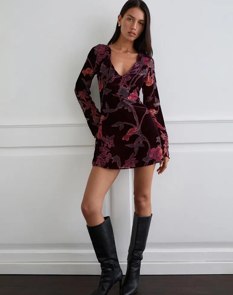 Alitra Mini Dress in Floral Devore Burgundy