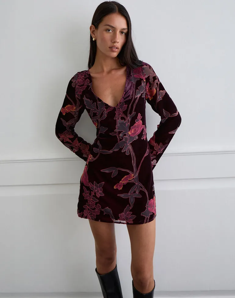 Alitra Mini Dress in Floral Devore Burgundy