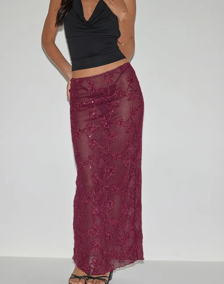 Alphia Maxi Skirt in Sequin Knit Burgundy