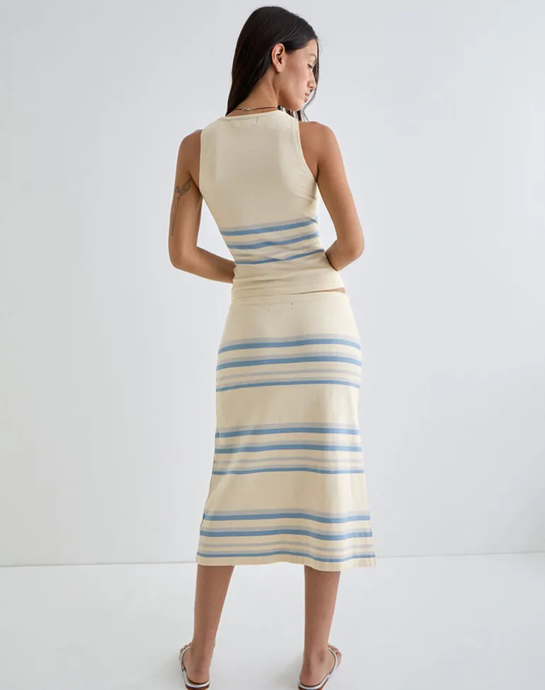 Amalia Midi Skirt in Cream with Blue and Grey Stripes
