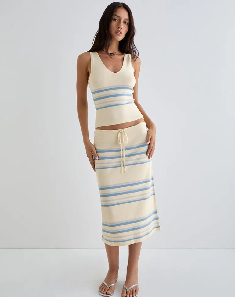 Amalia Midi Skirt in Cream with Blue and Grey Stripes