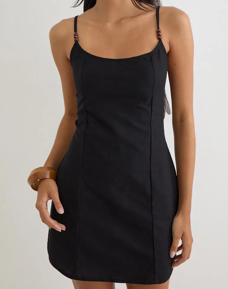 Ambra Scoop Mini Dress in Linen Black