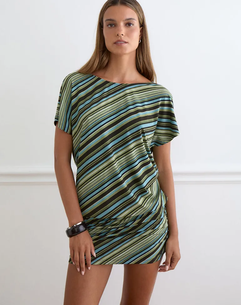 Amelina Mini Dress in Mixed Stripe Green