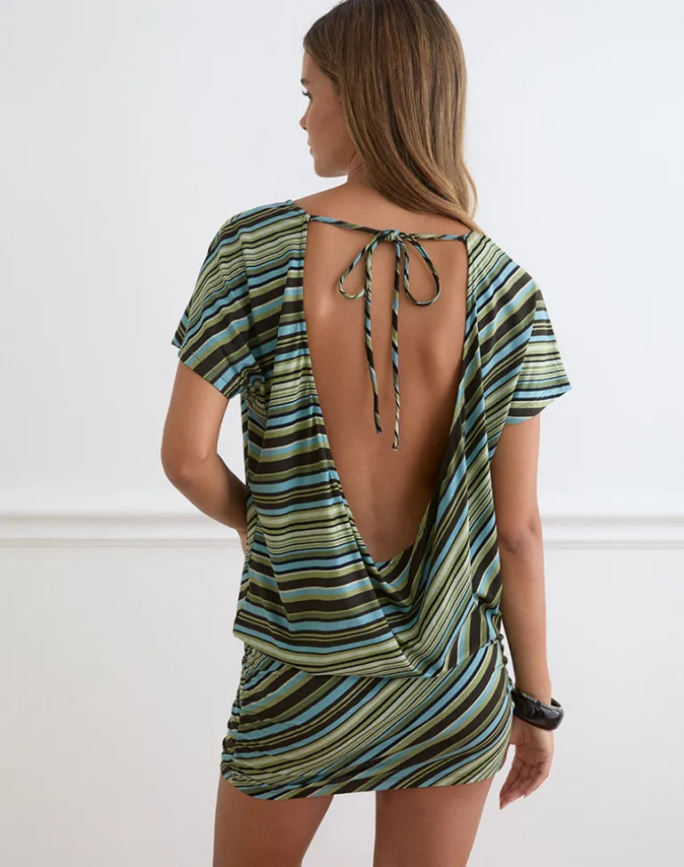 Amelina Mini Dress in Mixed Stripe Green