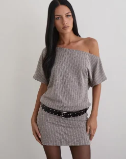 Amelita Mini Dress in Rib Knit Brown Grey