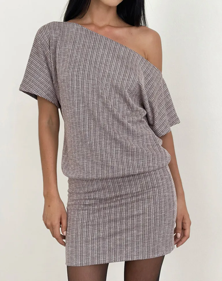 Amelita Mini Dress in Rib Knit Brown Grey