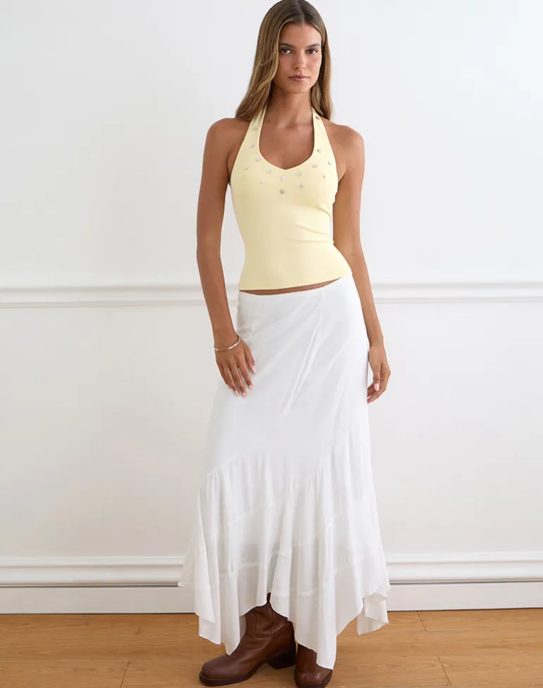 Amita Top with Pearl Buttons in Rib Knit Butter Yellow