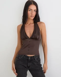 Amuri V-Neck Top in Satin Dark Brown