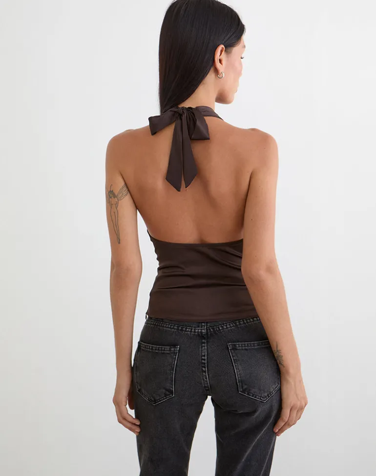Amuri V-Neck Top in Satin Dark Brown