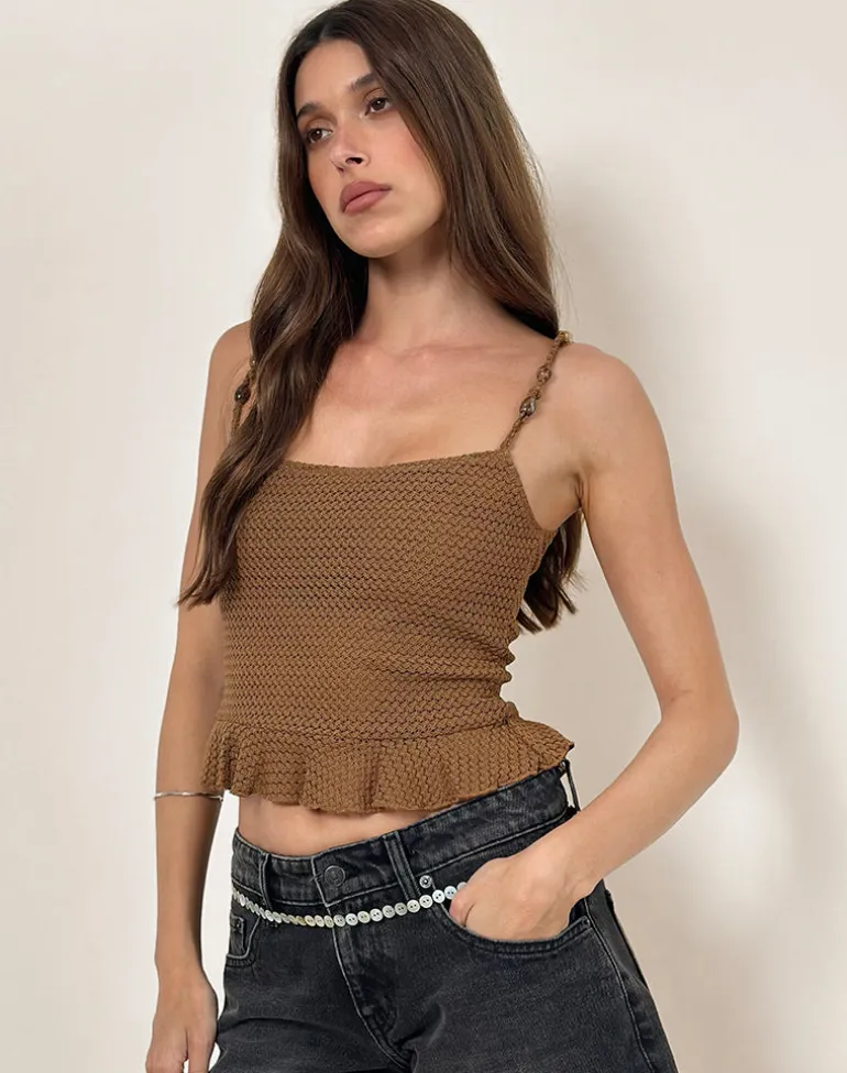 Analu Cami Top in Brown with Beaded Straps
