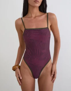 Anavah Swimsuit in Abstract Zebra Burgundy with Green Binding