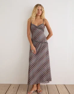 Angie Maxi Dress in Chiffon Grey and Maroon Diagonal Stripe