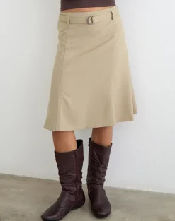 Anica Midi Skirt with Belt in Beige