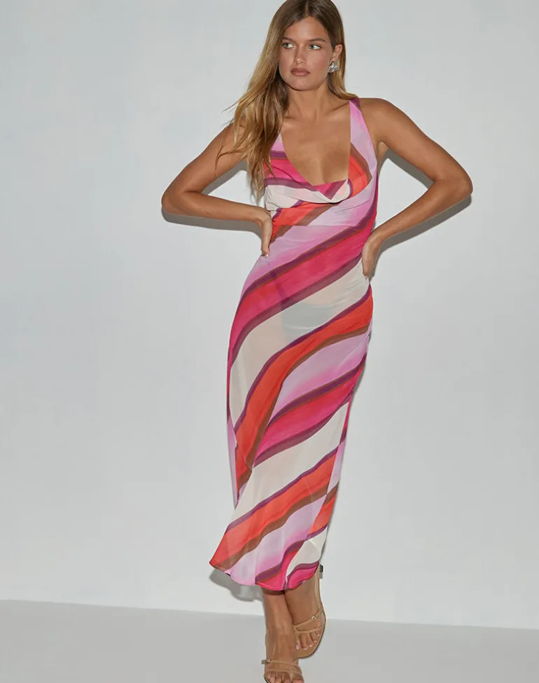 Anira Maxi Dress in Pink Chiffon Painted Stripe