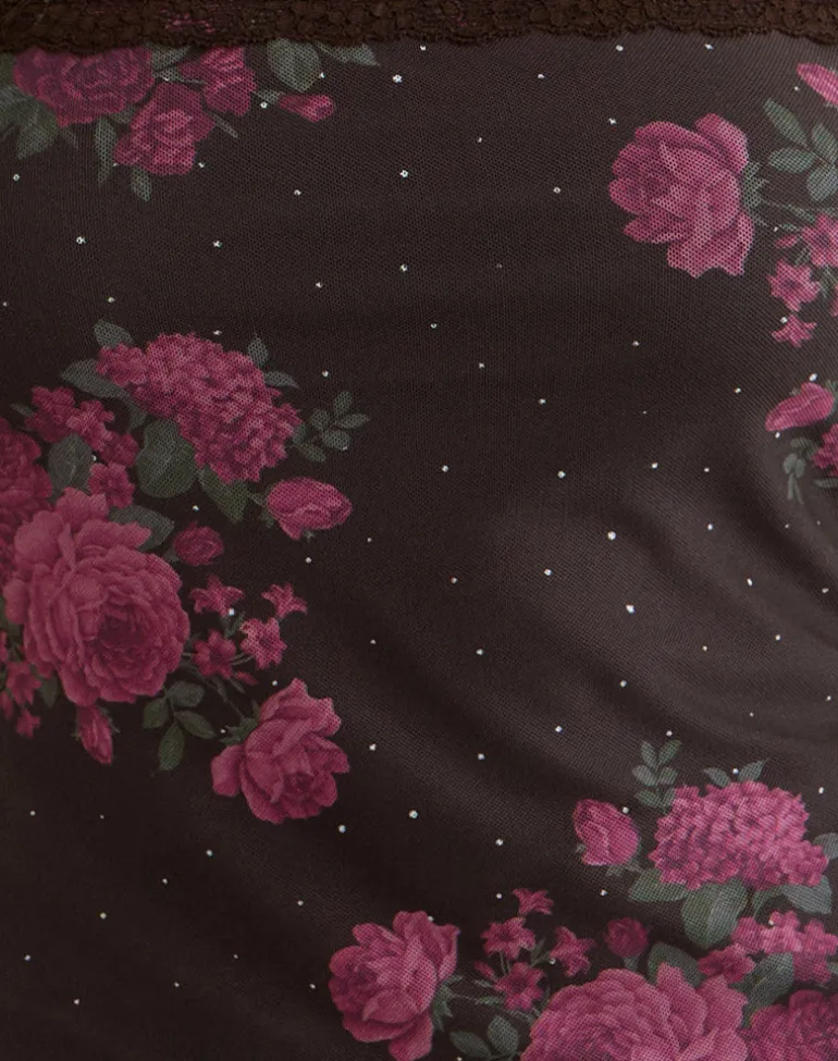 Anoda Cami Top in Brown with Pink Polka Dots and Roses Print