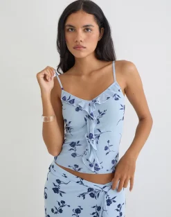 Ansa Frill Cami Top in Thin Leafy Blue