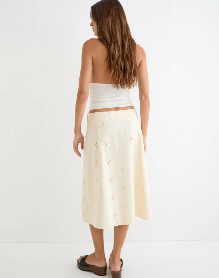 Arash Midi Skirt with Buttons in Broderie Vanilla