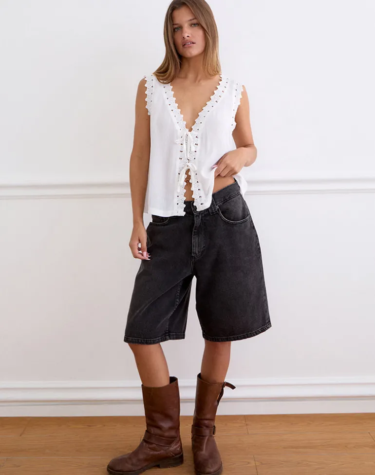 Argya Tie Front Top in Rayon White with Lace Trim