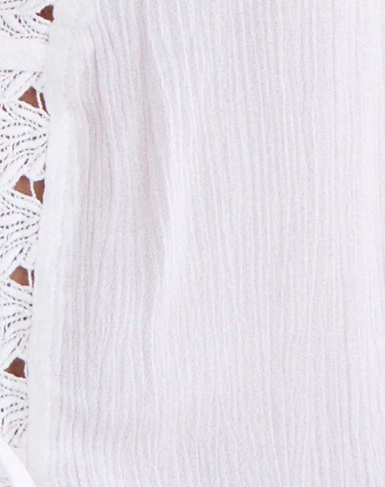 Argya Tie Front Top in Rayon White with Lace Trim