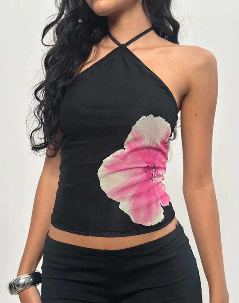Arira Halterneck Top in Black with Pink Watercolour Flower
