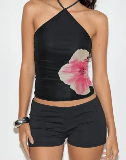Arira Halterneck Top in Black with Pink Watercolour Flower