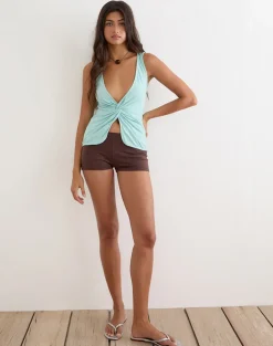 Arlys Twist Detail Top in Rayon Jersey Aqua