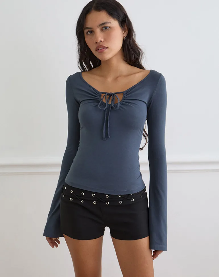 Armel Long Sleeve Keyhole Top in Rayon Jersey Ocean Storm