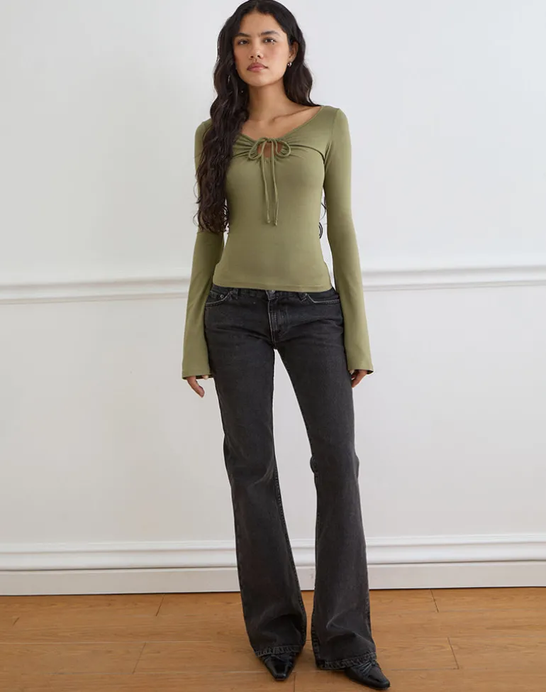 Armel Long Sleeve Keyhole Top in Rayon Jersey Khaki