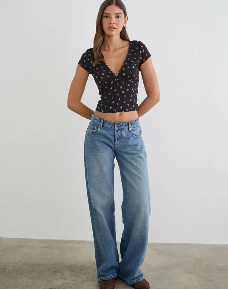 Asana Top in Black with Red Rose Ditsy Print