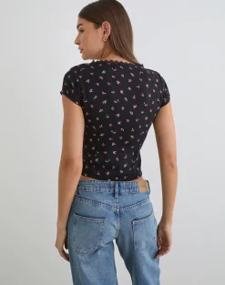 Asana Top in Black with Red Rose Ditsy Print